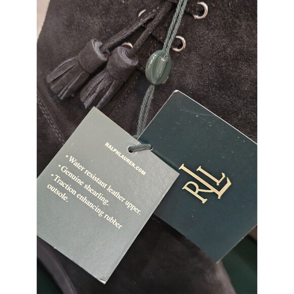 Ralph Lauren Tadina Mid-Calf Winter Boots Womens 8.5B Black Nubuck Lamb Fur Trim - Picture 15 of 16